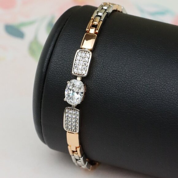 Elegant Rose Gold & Silver Two-Tone Crystal Accent Bracelet, XPBL0721 - Picture 1 of 12